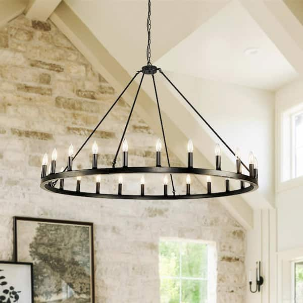 24-Light Lagre Wagon Farmhouse Round Wheel Hoyer Chandelier Living Room Dining Room Pendant Light, Black and Black