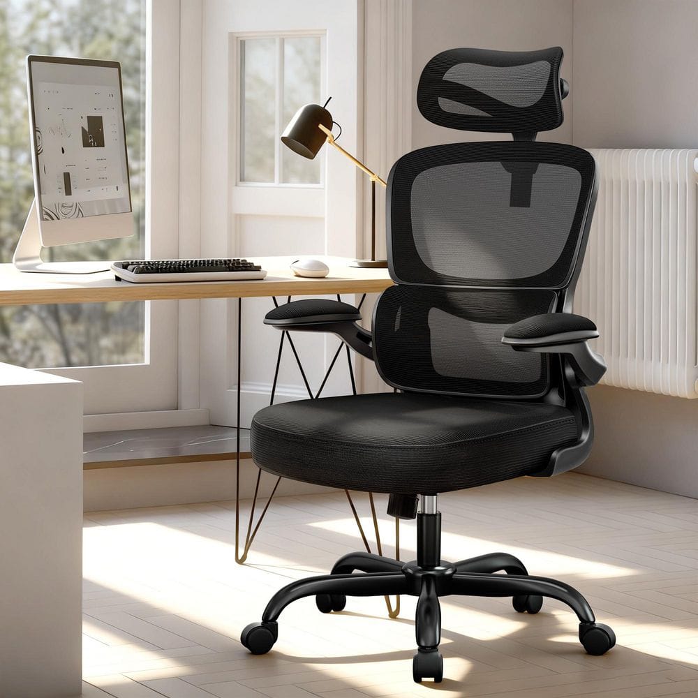 KERDOM Fabric Headrest Ergonomic Office Chair in Black-1 with ...