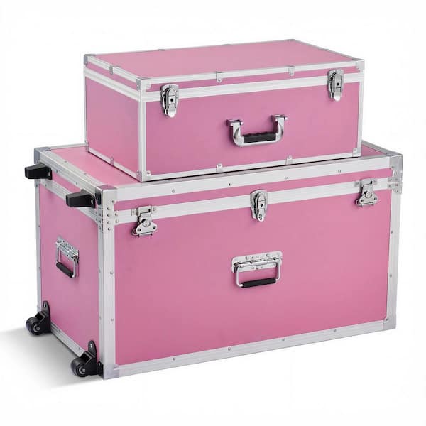 Set of 2 Metal Storage Trunks, Wooden Boxes with 32.13 in. Pink Backpack, Padlocks, Large Trunk with Casters & 3 Handles