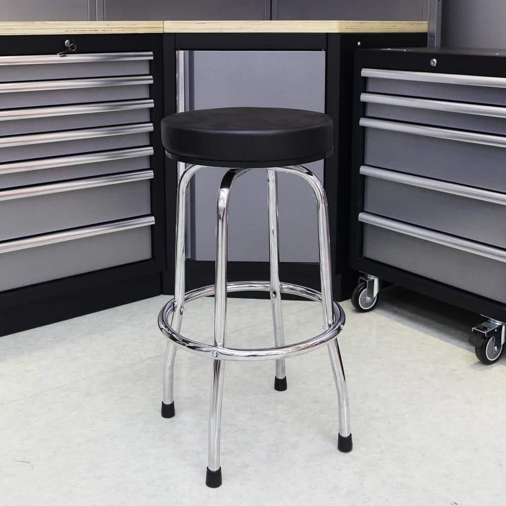 Black Swivel Shop Stool with Chrome Legs and Padded Seat