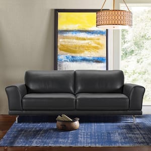 Genuine Black Leather Contemporary Sofa with Brushed Stainless Steel Legs