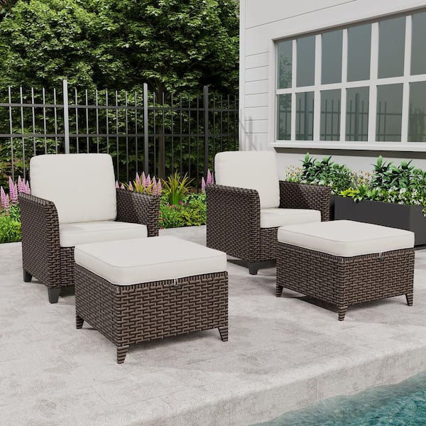 INMITOM Outdoor Wicker Lounge Chair Set with Beige Cushions and