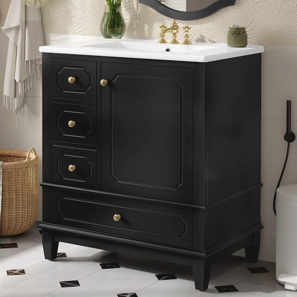 30 in. Freestanding Black Bath Vanity with White Ceramic Top, Drawer and Door Shelf Bathroom Storage Cabinet Unassembled