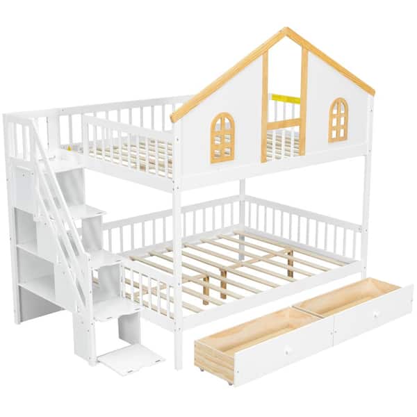 Nestfair White Wood Full over Full Bunk Bed with Window Door,Roof ...