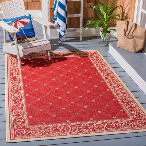 Courtyard Red/Natural 8 ft. x 8 ft. Square Border Indoor/Outdoor Patio  Area Rug