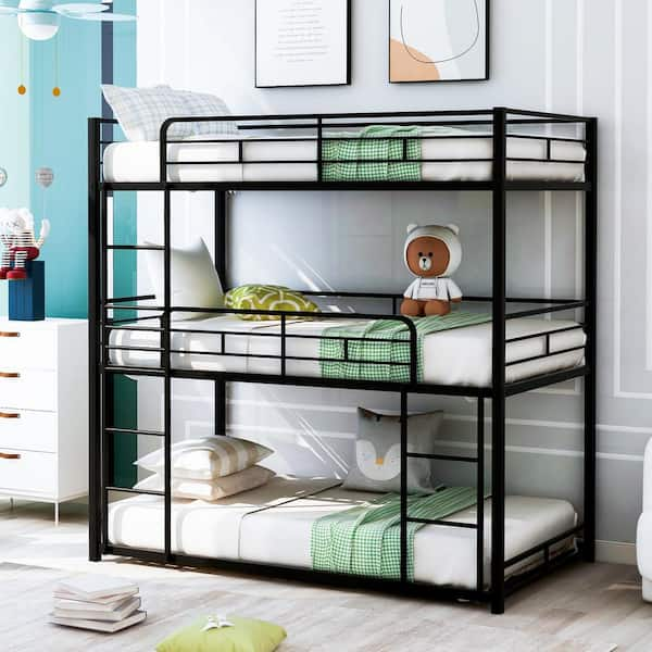 metal triple bunk bed with mattress