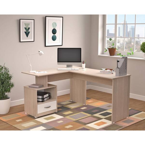 Inval 59.1 in. W L-Shaped Maple-White Computer Desk with 1-Drawer