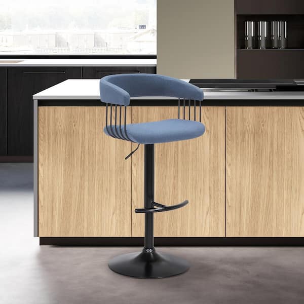 Armen Living Calista Adjustable 33 in. Blue/Black Metal/Wood Bar Stool with Blue Fabric Seat