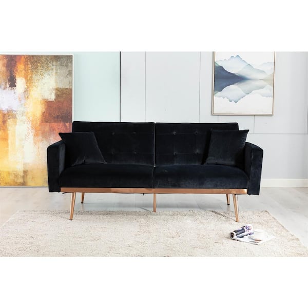 HOMEFUN 68 in. Wide Black Velvet Upholstered Tufted 2 Seats Loveseat Sleeper sofa with Golden Metal Legs