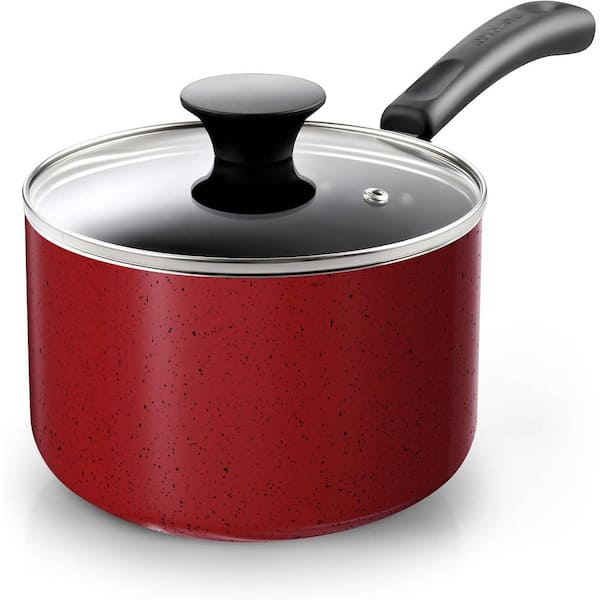 2 qt. Aluminum Non Stick Saucepan with Glass Lid, Small Multi-Purpose Pot, Milk Chocolate Cooking Pot, Marble Red