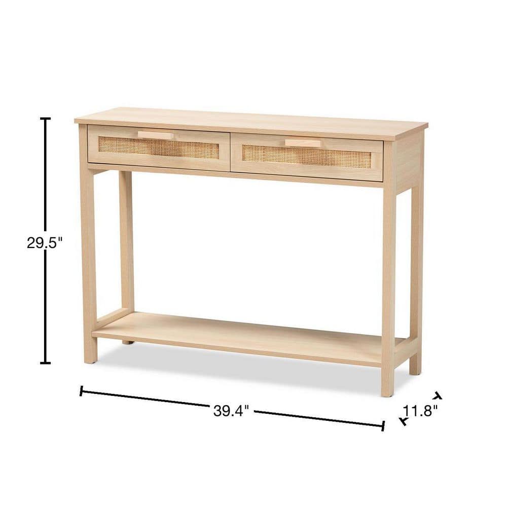 Light Brown Wood Console Table with Rattan Drawers and Shelf