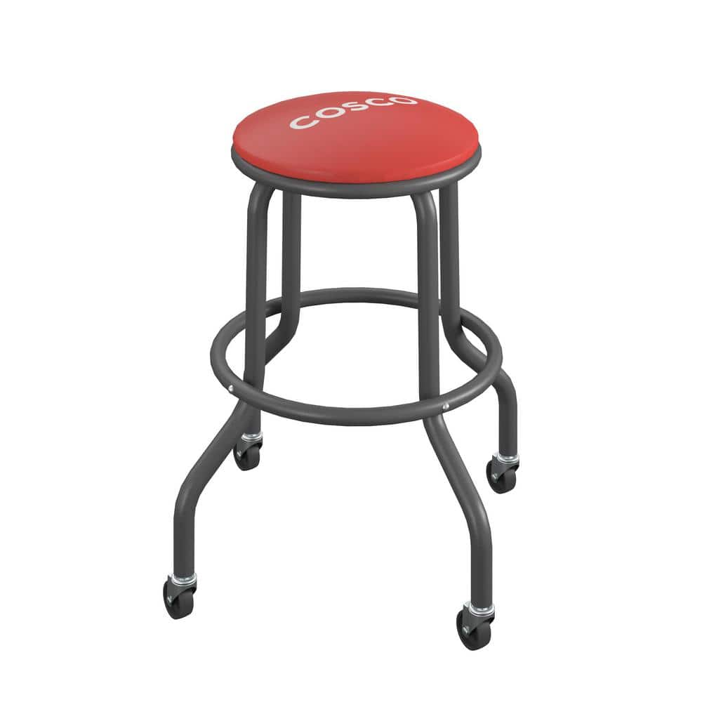 Cosco 24in Red Metal Counter Stool with Vinyl Work Seat and Rolling Casters, 300lb weight