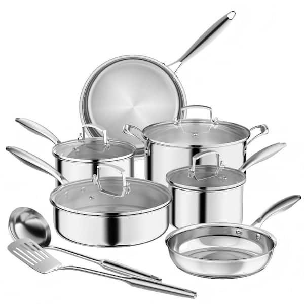 12-Piece Tri-Ply Stainless Steel Cookware Set with Aluminum Core 1.5 2 3.6 Qt Pots 8 11 in Fry Pans Saute Pan