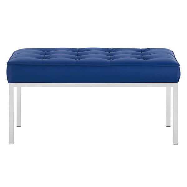 MODWAY Loft Silver Navy Tufted Button Medium Upholstered Faux Leather Bench