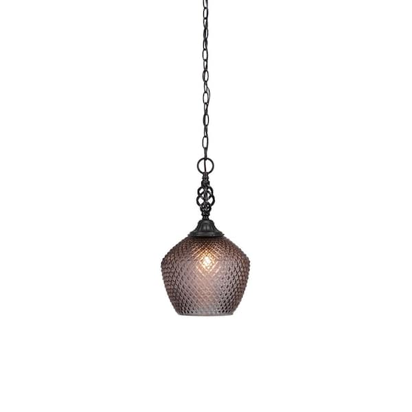 Unbranded Bridgewater 100-Watt 1-Light Matte Black Shaded Pendant Light with 9 in. Smoke Textured Glass Shade, No Bulb Included