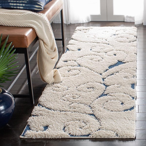 Florida Shag Cream/Blue 2 ft. x 7 ft. Floral Runner Rug
