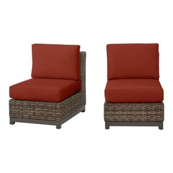 Hampton Bay Fernlake Brown Wicker Armless Middle Outdoor Patio Sectional Chair with Sunbrella Henna Red Cushions (2-Pack)