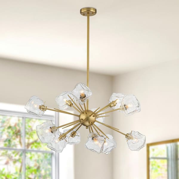 Florabelle 12-Light Brushed Brass Sputnik Chandelier with Clear Glass Shape Mid-Century Modern Pendant Light Fixture