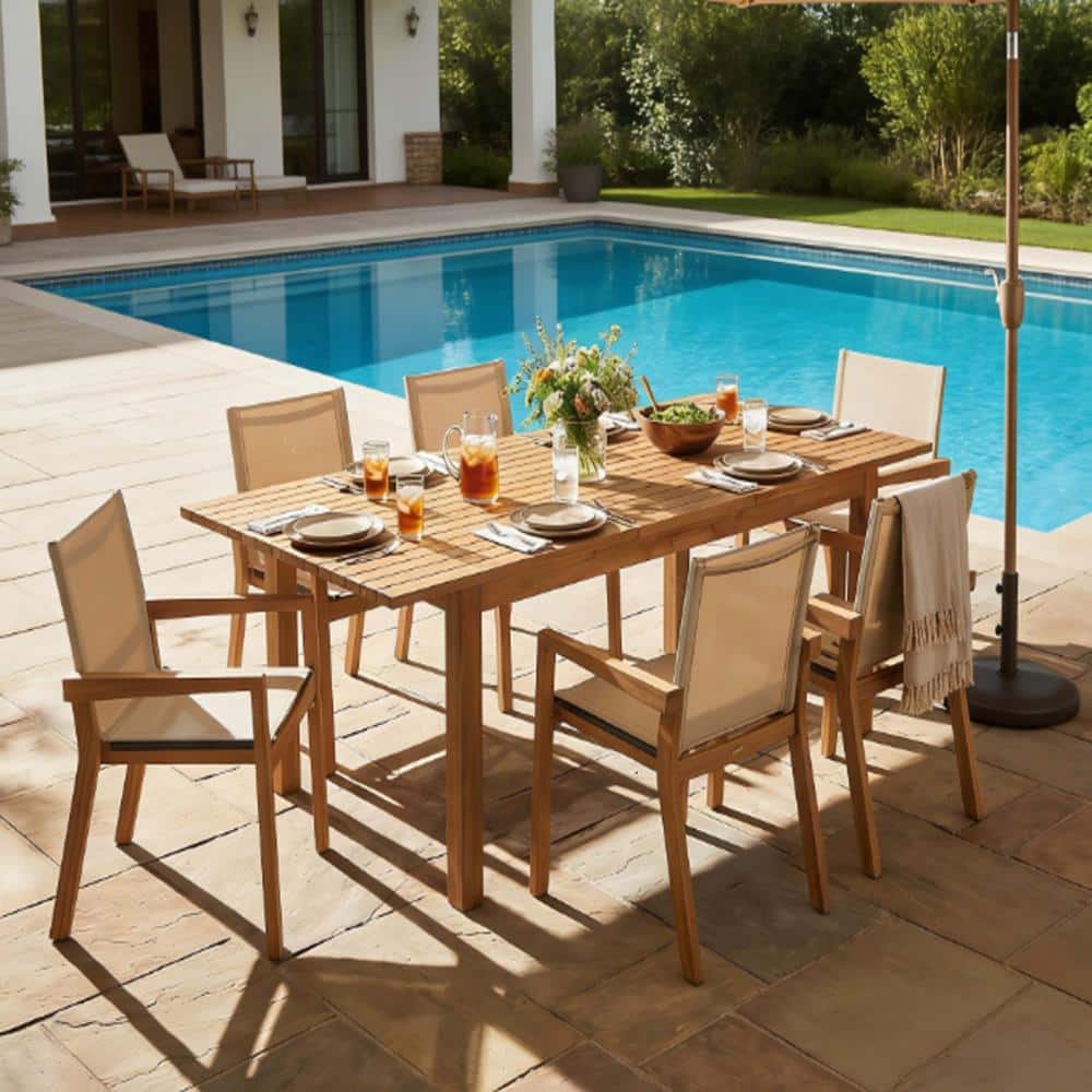 Teak 7-Piece Acacia Wood Outdoor Dining Set in Beige for Poolside, Backyard, Garden price history on PriceWatchPro