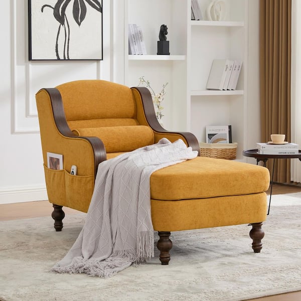 Modern Oversized Mustard yellow Chenille Solid Wood Frame Armrest Chaise Lounge with High Back Wide Seat and Upholstered