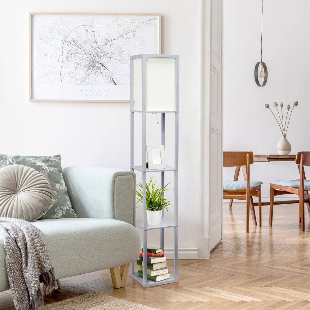 Elegant Gray Floor Lamp with Linen Shade and Display Shelves