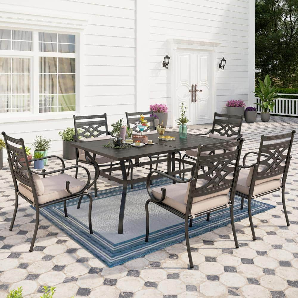 PHI VILLA Black 7-Piece Metal Outdoor Dining Set with Beige Cushions ...