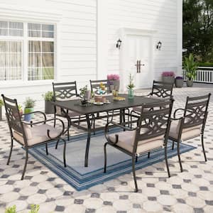 Black 7-Piece Metal Outdoor Dining Set with Beige Cushions, Rectangle Dining Slat Table