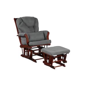 Premium Cherry Bent Wood with Dark Grey Fabric Glider And Ottoman Set With Bonus Back And Arm Pillow