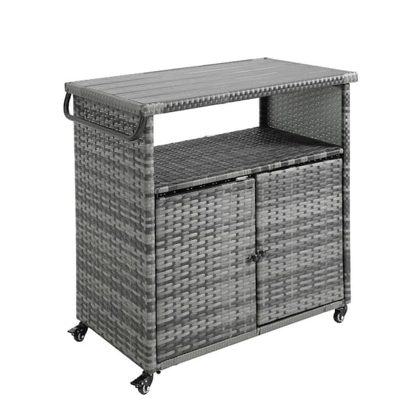 10cu. ft. Steel Rattan Bar Cart with Glass Countertop-Outdoor Serving Station for Garden, Patio, Poolside Gatherings