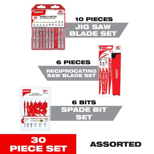 DIABLO 10-Piece T-Shank Wood & Metal Jig Saw Blades, 14-Piece Wood & Metal Demolition Recip Set & 6-Piece Spade Bits (30-Piece)