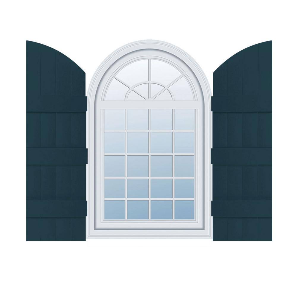 14 in. W x 69 in. H Vinyl Exterior Arch Top Joined Board and Batten Shutters Pair in Midnight Blue