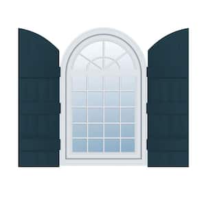 14 in. W x 94 in. H Vinyl Exterior Arch Top Joined Board and Batten Shutters Pair in Midnight Blue