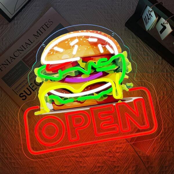 Afoxsos LED Neon Sign Open Hamburger Shape Acrylic Wall Decor