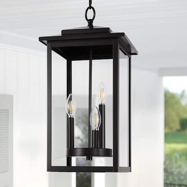 LamQee 21 in. 3-Light Matte Black Transitional Outdoor Pendant Light with Clear Glass