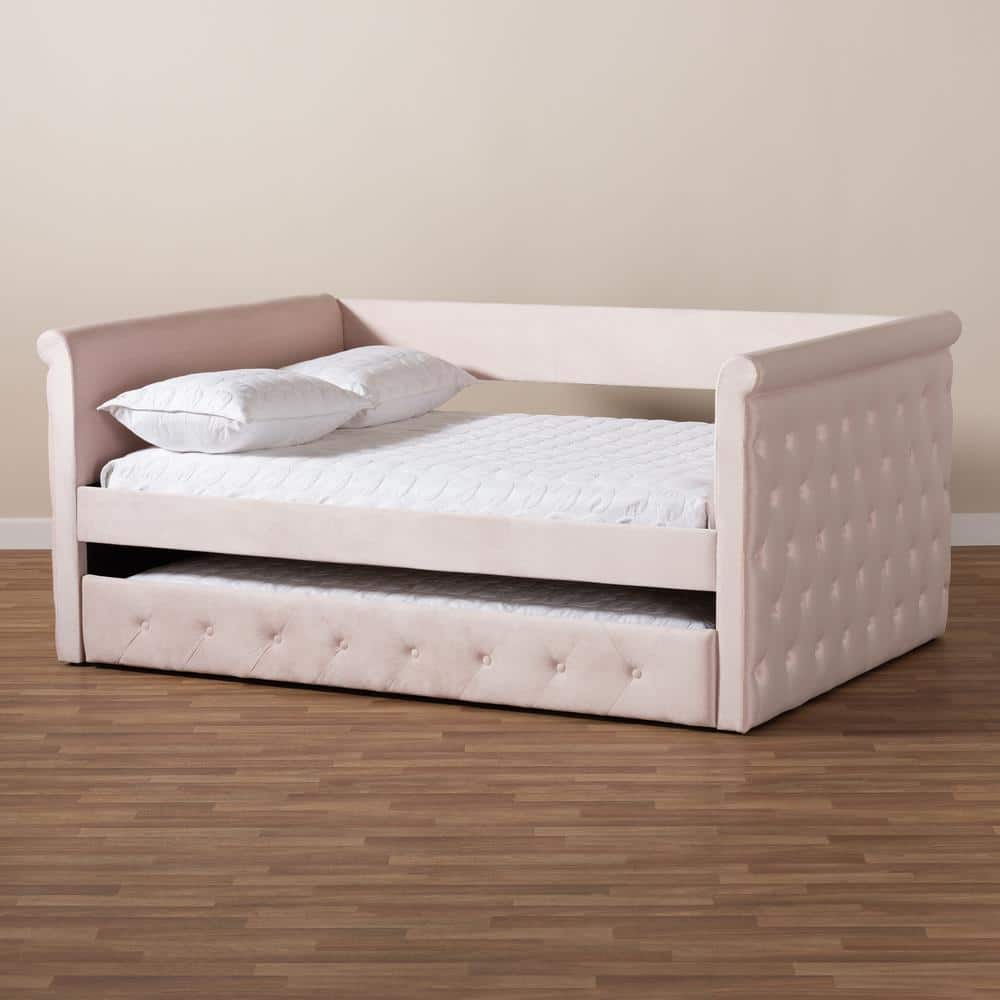Elegant Full-Size Velvet Daybed with Tufted Upholstery and Pull-Out Trundle, Light Pink
