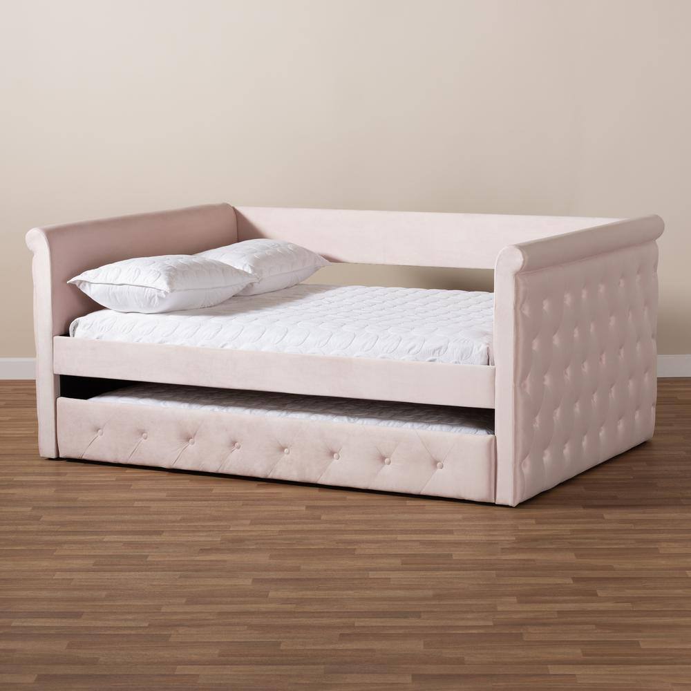 Light Pink Velvet Queen Daybed with Trundle and Tufted Upholstery