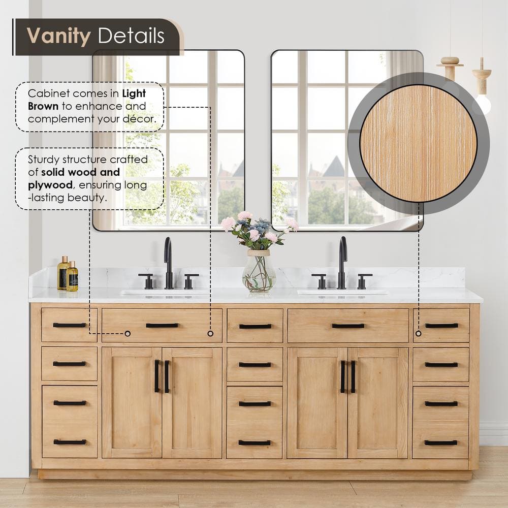 Gavino 84" Light Brown Wood Vanity with Composite Stone Top