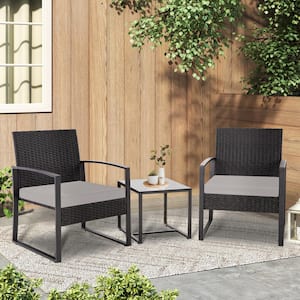 3-Piece Black Rattan Wicker Patio Outdoor Bistro Set with 2 Chairs, 1 Tempered Glass Table and Grey Cushions