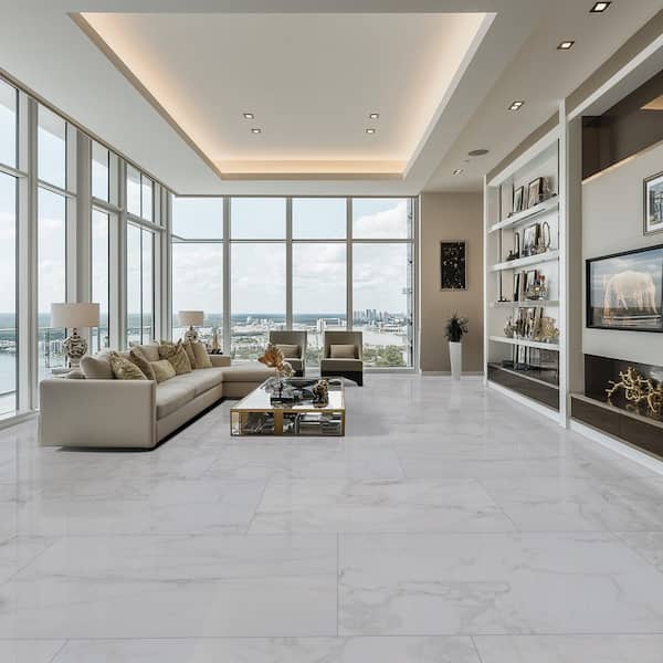 Carrara Marble Look Polished Porcelain Tile, 24 in. x 48 in. Floor and Wall (16 sq. ft. /Case)