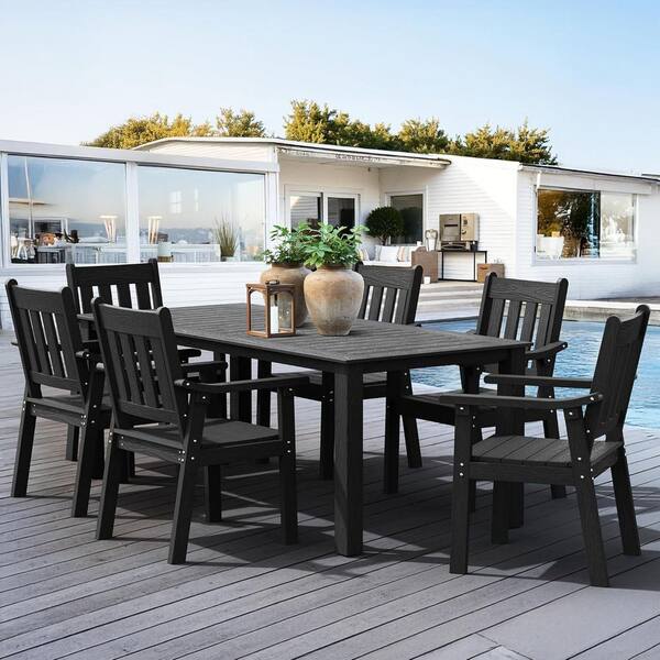 Mximu Black Plastic Outdoor Patio Dining Chairs with Armrest (Set