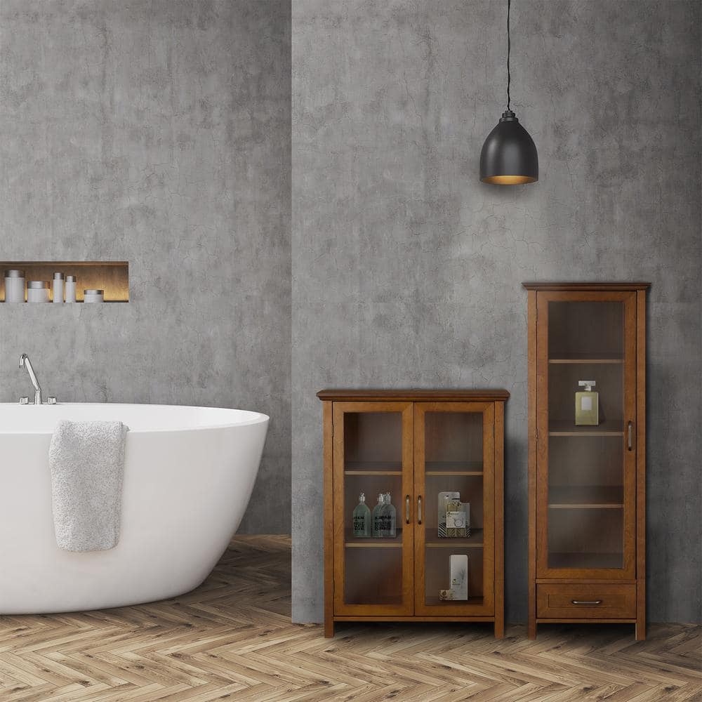 Elegant Avery Oak Linen Tower with Glass Paneled Door and Antique Brass Knobs