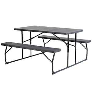Woodgrain Plastic and Steel Gray Outdoor Foldable Portable Picnic Table Set