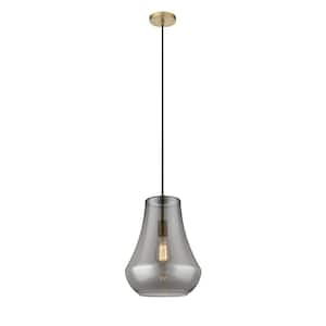 Fairfield 1-Light Brushed Brass Shaded Pendant Light with Plated Smoke Glass Shade