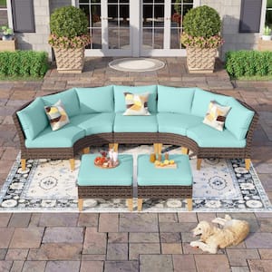 Brown Rattan Wicker 7 Seat 7-Piece Steel Patio Outdoor Sectional Set with Blue Cushions
