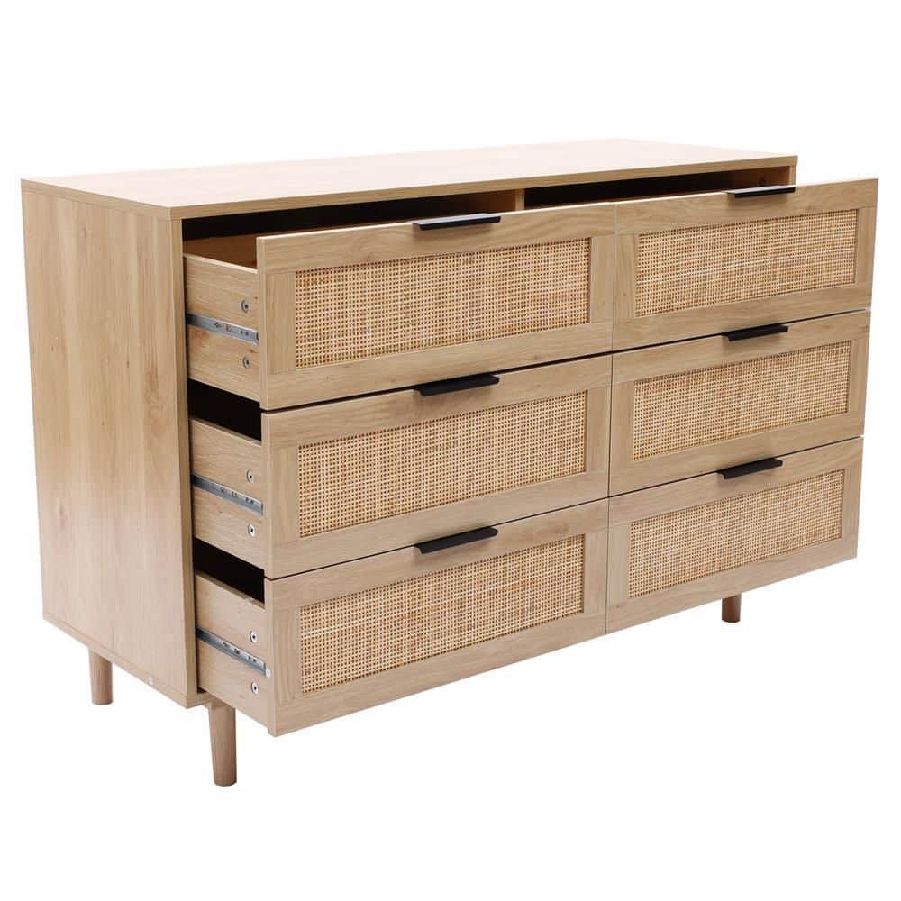 Light Oak Woodgrain Mid-Century Modern 6-Drawer Dresser