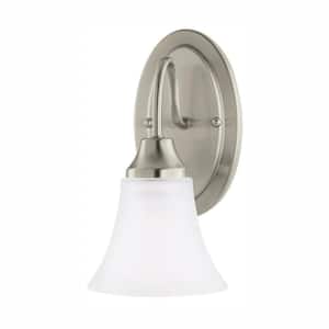 Holman 5.25 in. 1-Light Brushed Nickel Traditional Classic Wall Sconce with Satin Etched Glass Shade and LED Light Bulb