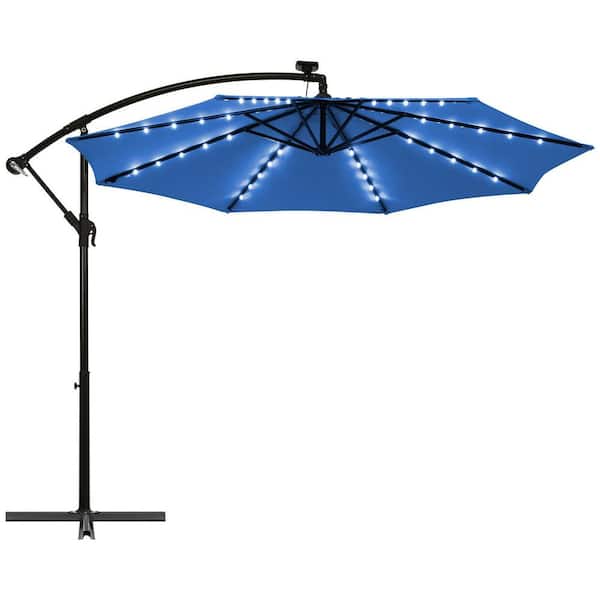 WELLFOR 10 ft. Iron Cantilever Solar Tilt Patio Umbrella in Blue with LED Lights