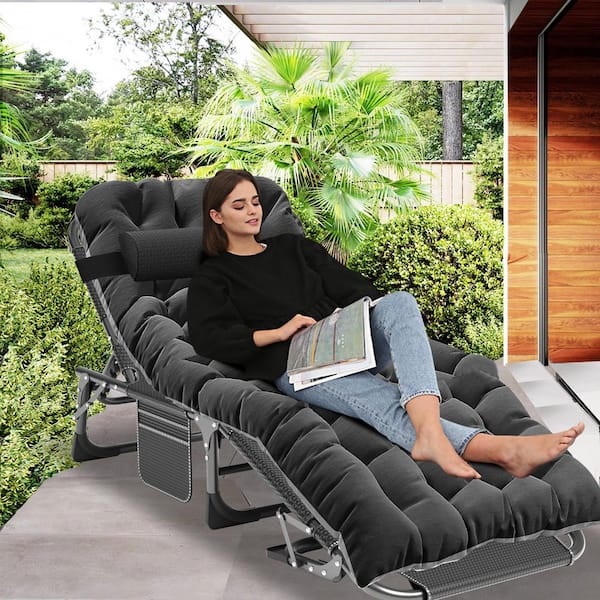 BOZTIY Portable Lounge Chair, Black 5-Fold Sleeping Cots Steel Outdoor Lounge Chair with Cushion Guard Gary Cushion 1-Pack