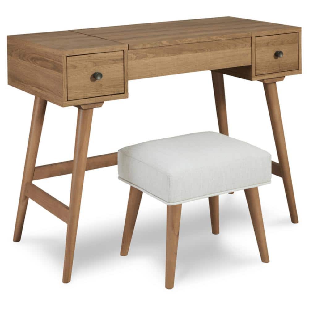 Light Brown and White 2-Drawer Vanity with Upholstered Stool