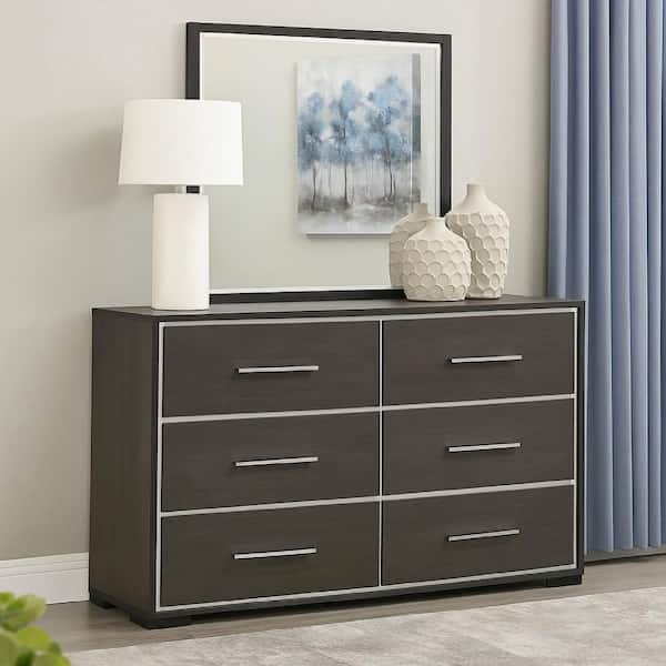 Benjara Hez Dark Brown and Silver 6 drawer 57.09 in. Dresser with Mirror  BM338487